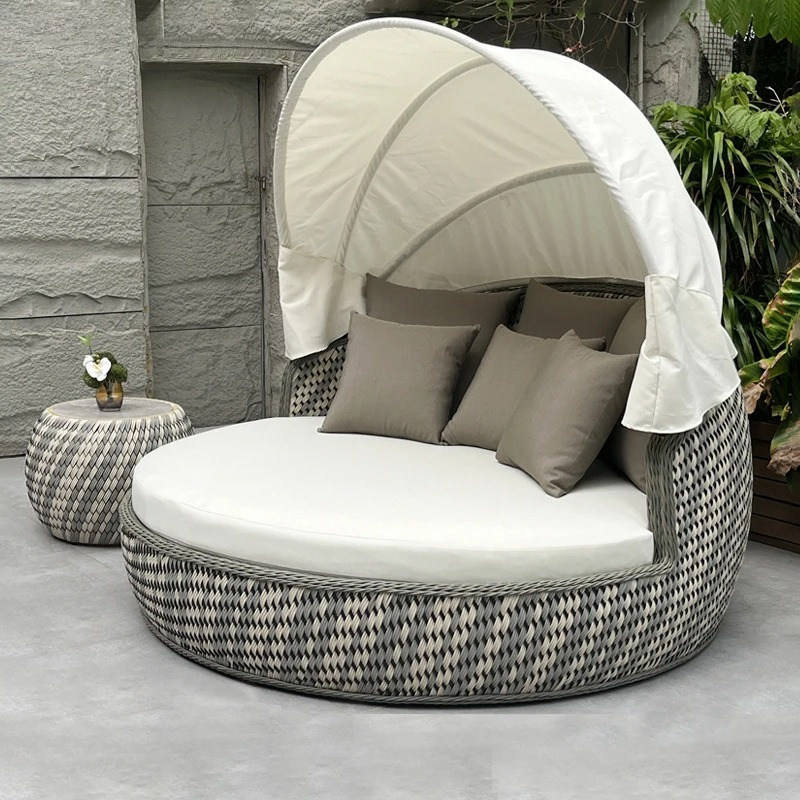 Rattan Lounge Set - Daybed,Anti-UV Rustproof Round,Wicker Lounge Sofa,Canopy Cushioned,Outdoor