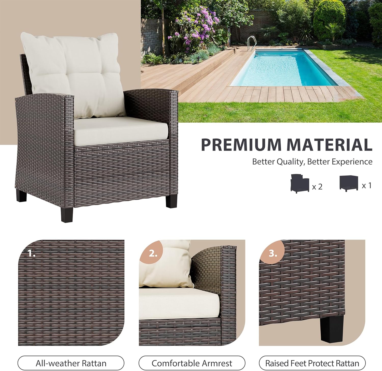 Beige compact 3-piece rattan w - огляд і ціна Outdoor Furniture Cushion